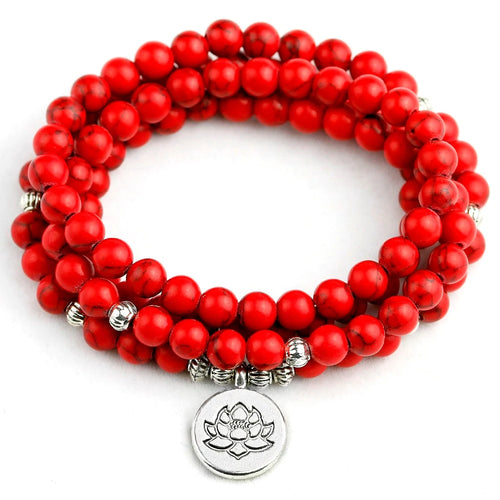 Bracelet Mala 108 perles pierre Howlite rouge