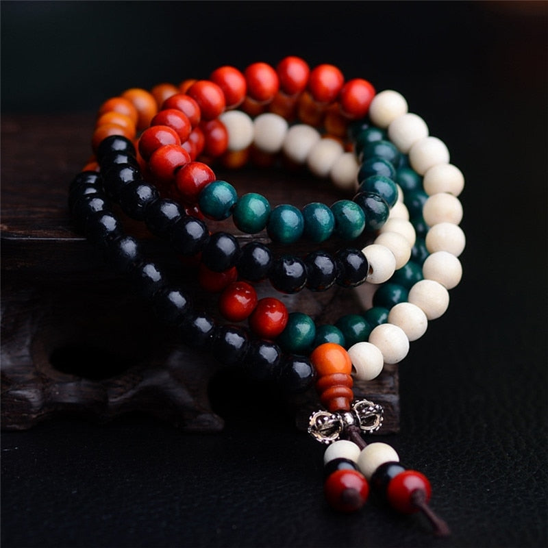 Bracelets Mala 108 perles de prière 8mm en bois de santal naturel - Rosaire bouddhiste multicolore