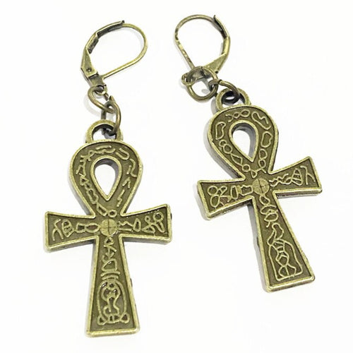 Boucles d'oreilles en forme de croix Ankh couleur bronze antique, symbole de la vie