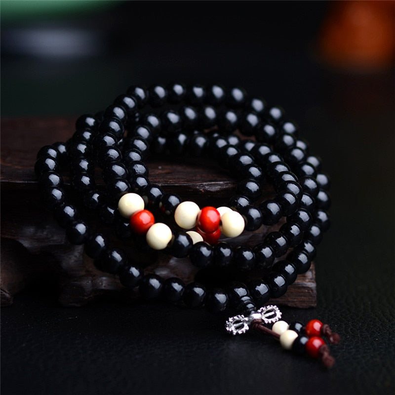 Bracelet Mala tibétain 108 perles en bois de santal naturel - Noir